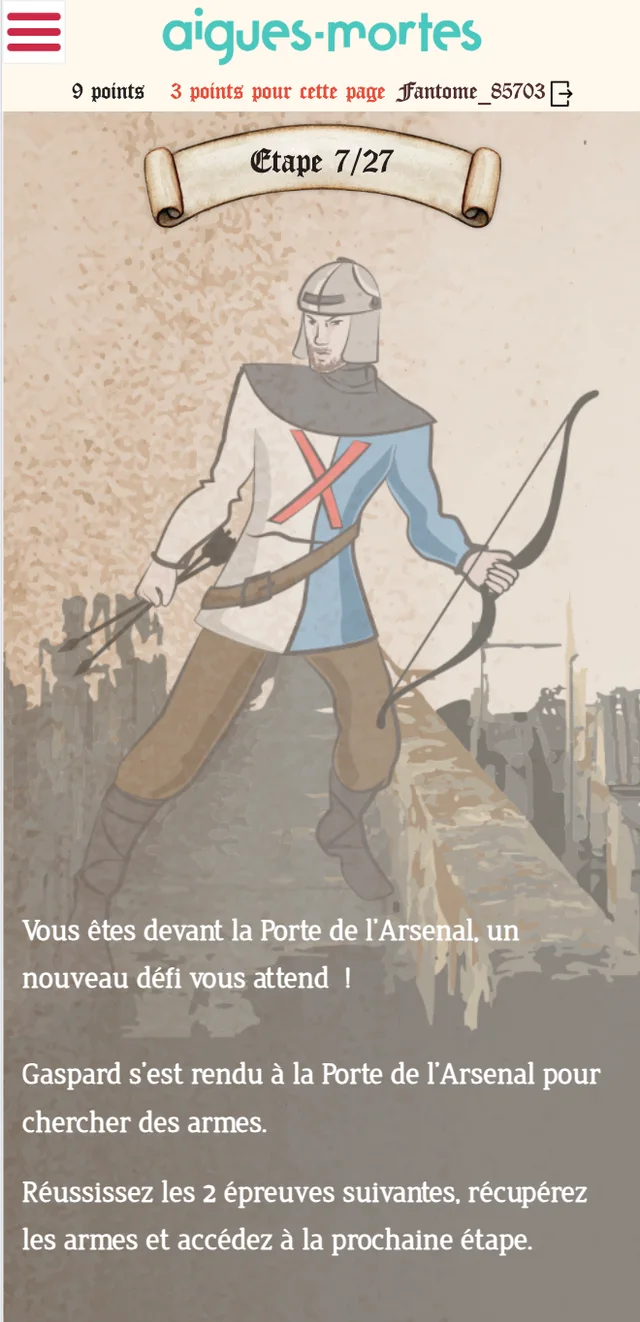 Étape du parcours d’Aigues-Mortes : un archer devant la Porte de l’Arsenal