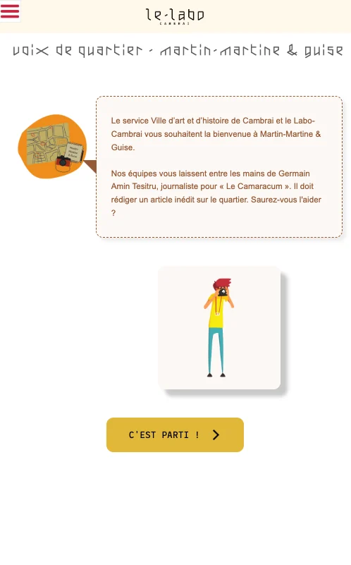 Écran d’accueil du parcours Voix de quartier, Martin-Martine & Guise, du Labo Cambrai